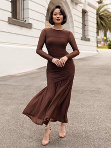 micahgianneli Women Mesh Long Sleeve Round Neck Dress, Suitable For Autumn Clothing, Back To School Outfit, Teacher Outfit - Chocolate Brown - View 3
