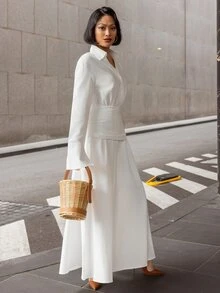 micahgianneli 女款白色長袖棉麻襯衫洋裝，優雅老錢風中長洋裝，適合夏季茶會、商務休閒、秋季婚禮賓客穿著 - 白色 - 查看 4