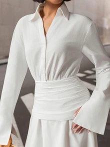 micahgianneli 女款白色長袖棉麻襯衫洋裝，優雅老錢風中長洋裝，適合夏季茶會、商務休閒、秋季婚禮賓客穿著 - 白色 - 查看 6