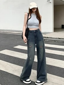 DAZY بنطال جينز نسائي واسع الساق بجيوب وسحاب بتصميم مهترئ متعدد الاستخدامات مع بلوزات لطيفة - الأزرق - مشاهدة 2