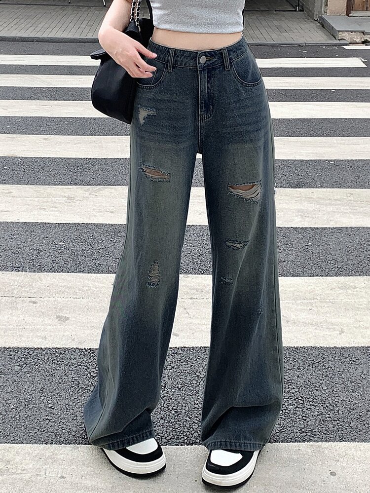 DAZY Damernas mode mångsidiga slitna jeans med fickor, dragkedja och vida ben, söta toppar - Blå - Visa 3