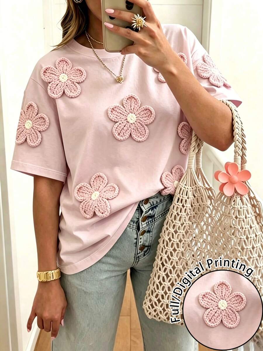 EMERY ROSE 女款大尺碼休閒短袖圓領仿刺繡花卉T恤 - 彩色 - 查看 1