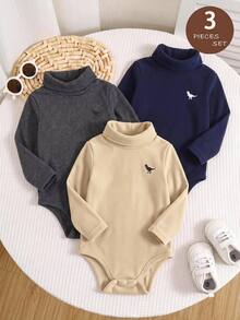 LMoss Kids 男嬰高領小馬印花柔軟刷毛布料修身長袖連身衣 3件套，秋冬款 - 彩色 - 查看 5