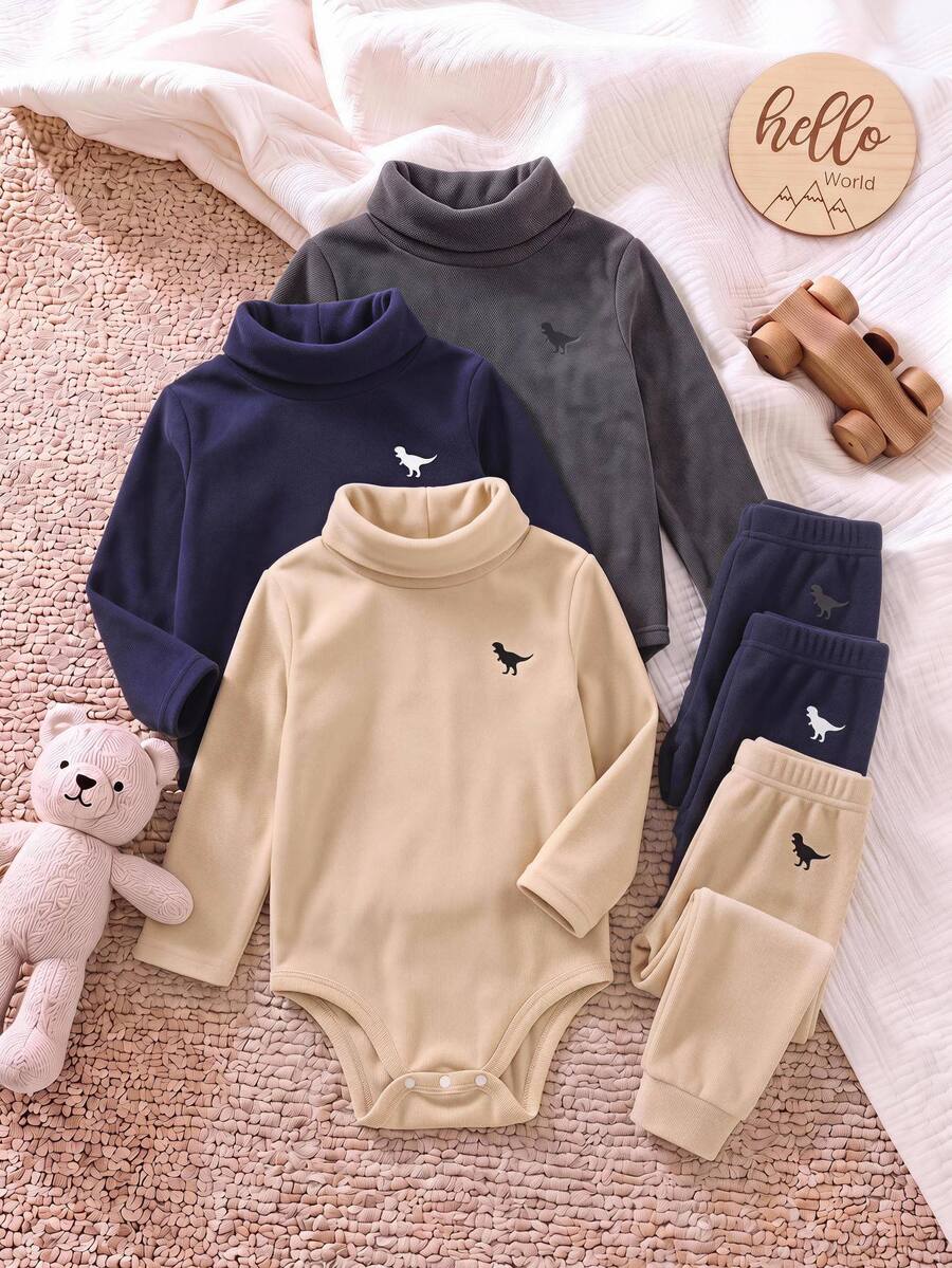 LMoss Kids 男嬰高領小馬印花柔軟刷毛布料修身長袖連身衣 3件套,秋冬款 - 彩色 - 查看 1