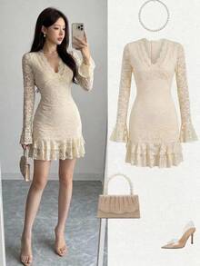 DAZY Casual Lace Mini Dress For Women, Spring & Summer Sun Dresses For Women - Apricot - View 1