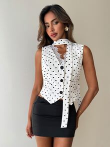 Aloruh Women's Spring/Summer Polka Dot Print Lace Patchwork Vest Golf White Sexy - White - View 1