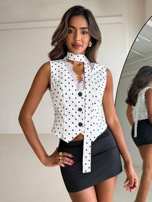 Aloruh Women's Spring/Summer Polka Dot Print Lace Patchwork Vest Golf White Sexy - White - View 3