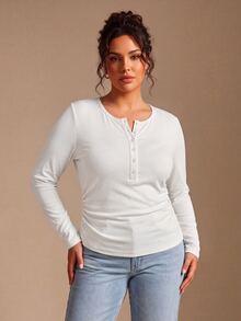 EMERY ROSE Kaos Kasual Wanita Ukuran Besar Warna Polos Lengan Panjang Kancing Setengah Plaket - Putih - View 4