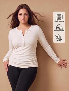EMERY ROSE Kaos Kasual Wanita Ukuran Besar Warna Polos Lengan Panjang Kancing Setengah Plaket - Putih - View 9