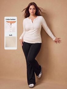 EMERY ROSE Kaos Kasual Wanita Ukuran Besar Warna Polos Lengan Panjang Kancing Setengah Plaket - Putih - View 1