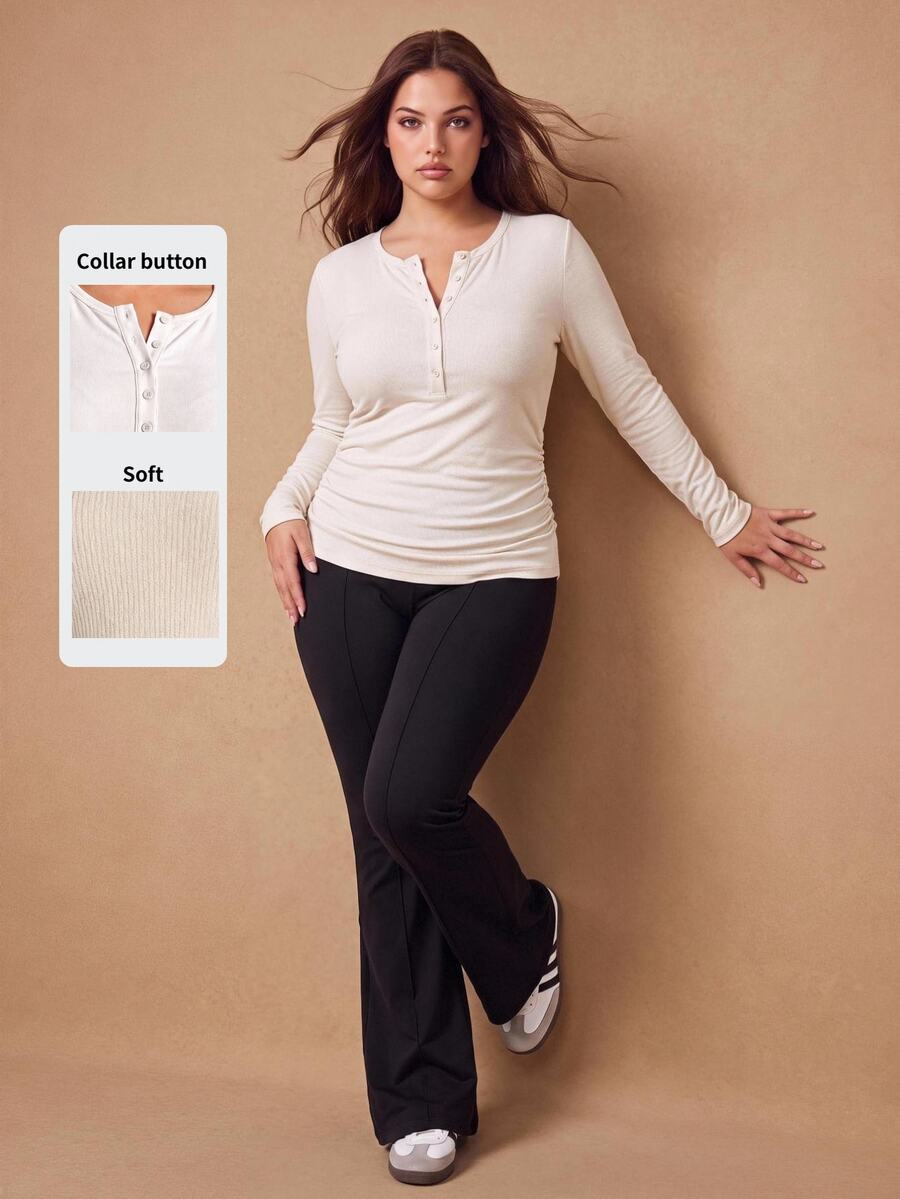 EMERY ROSE Kaos Kasual Wanita Ukuran Besar Warna Polos Lengan Panjang Kancing Setengah Plaket - Putih - View 1
