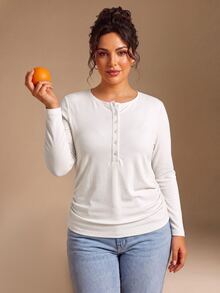 EMERY ROSE Kaos Kasual Wanita Ukuran Besar Warna Polos Lengan Panjang Kancing Setengah Plaket - Putih - View 3