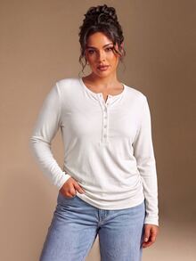 EMERY ROSE Kaos Kasual Wanita Ukuran Besar Warna Polos Lengan Panjang Kancing Setengah Plaket - Putih - View 6