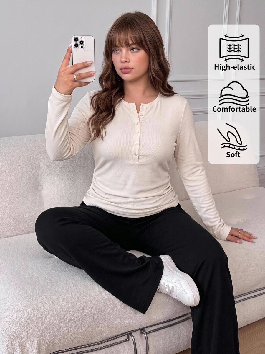 EMERY ROSE Plus Size Women's Solid Color Long Sleeve Button Half-Placket Casual Soft Form Simple T-Shirt Dates Formal Office White Autumn Old Money Basic - White - View 1
