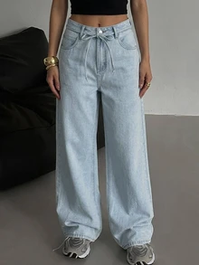 DAZY Women's Solid Color Slant Pocket Drawstring Waist Casual Jeans, Daily Light Blue, Summer Style - Blue - View 6