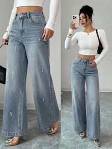DAZY Women's Casual Washed Rhinestone Embellished Wide Leg Jeans, Autumn - Blue - View 7