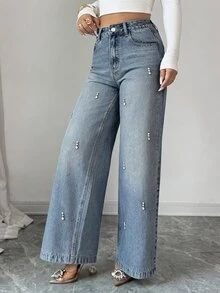 DAZY Women's Casual Washed Rhinestone Embellished Wide Leg Jeans, Autumn - Blue - View 6