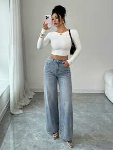 DAZY Women's Casual Washed Rhinestone Embellished Wide Leg Jeans, Autumn - Blue - View 3