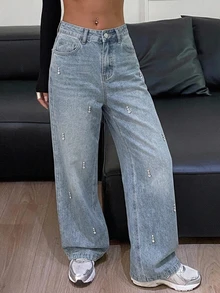DAZY Women's Casual Washed Rhinestone Embellished Wide Leg Jeans, Autumn - Blue - View 9