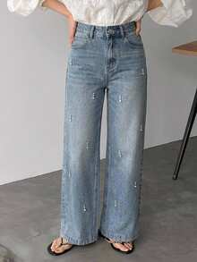 DAZY Women's Casual Washed Rhinestone Embellished Wide Leg Jeans, Autumn - Blue - View 8