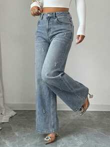 DAZY Women's Casual Washed Rhinestone Embellished Wide Leg Jeans, Autumn - Blue - View 2