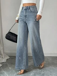 DAZY Women's Casual Washed Rhinestone Embellished Wide Leg Jeans, Autumn - Blue - View 5