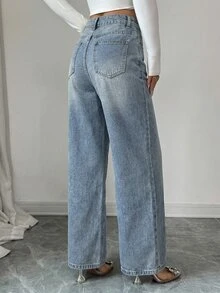 DAZY Women's Casual Washed Rhinestone Embellished Wide Leg Jeans, Autumn - Blue - View 4