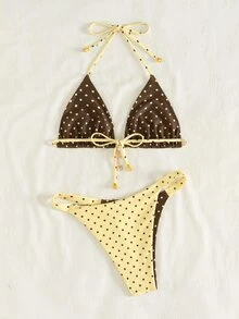 Swim Mod Women's Brown Polka Dot,Summer,90s,Holiday,Pool Party,Holiday Reversible Halter Tie Back Bikini Set Fashion Sweet Cute Print Bathing Suit - Multicolor - View 5