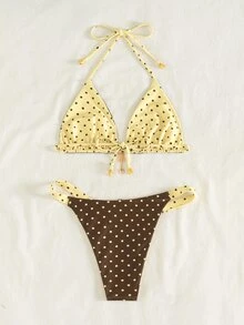 Swim Mod Women's Brown Polka Dot,Summer,90s,Holiday,Pool Party,Holiday Reversible Halter Tie Back Bikini Set Fashion Sweet Cute Print Bathing Suit - Multicolor - View 3