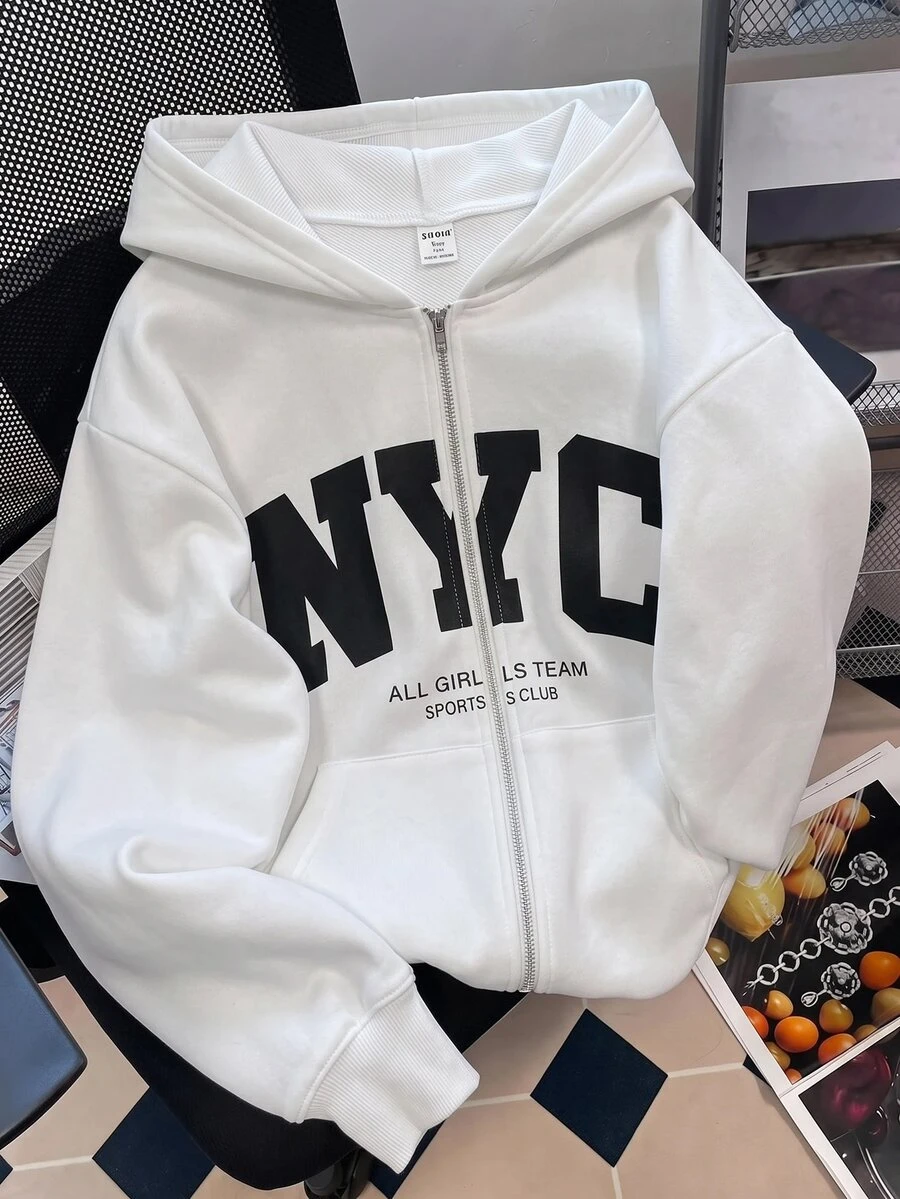 SHEIN 青少年女孩秋冬新款白色針織時尚百搭字母印花休閒衛衣,返校季 - 白色 - 查看 1