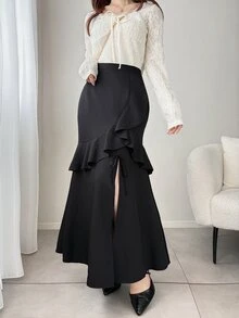 FRIFUL Women's Solid Color Ruffle Hem Slit Hem Elegant Skirt Cute Tops - Black - View 7