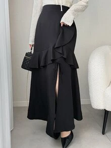 FRIFUL Women's Solid Color Ruffle Hem Slit Hem Elegant Skirt Cute Tops - Black - View 3