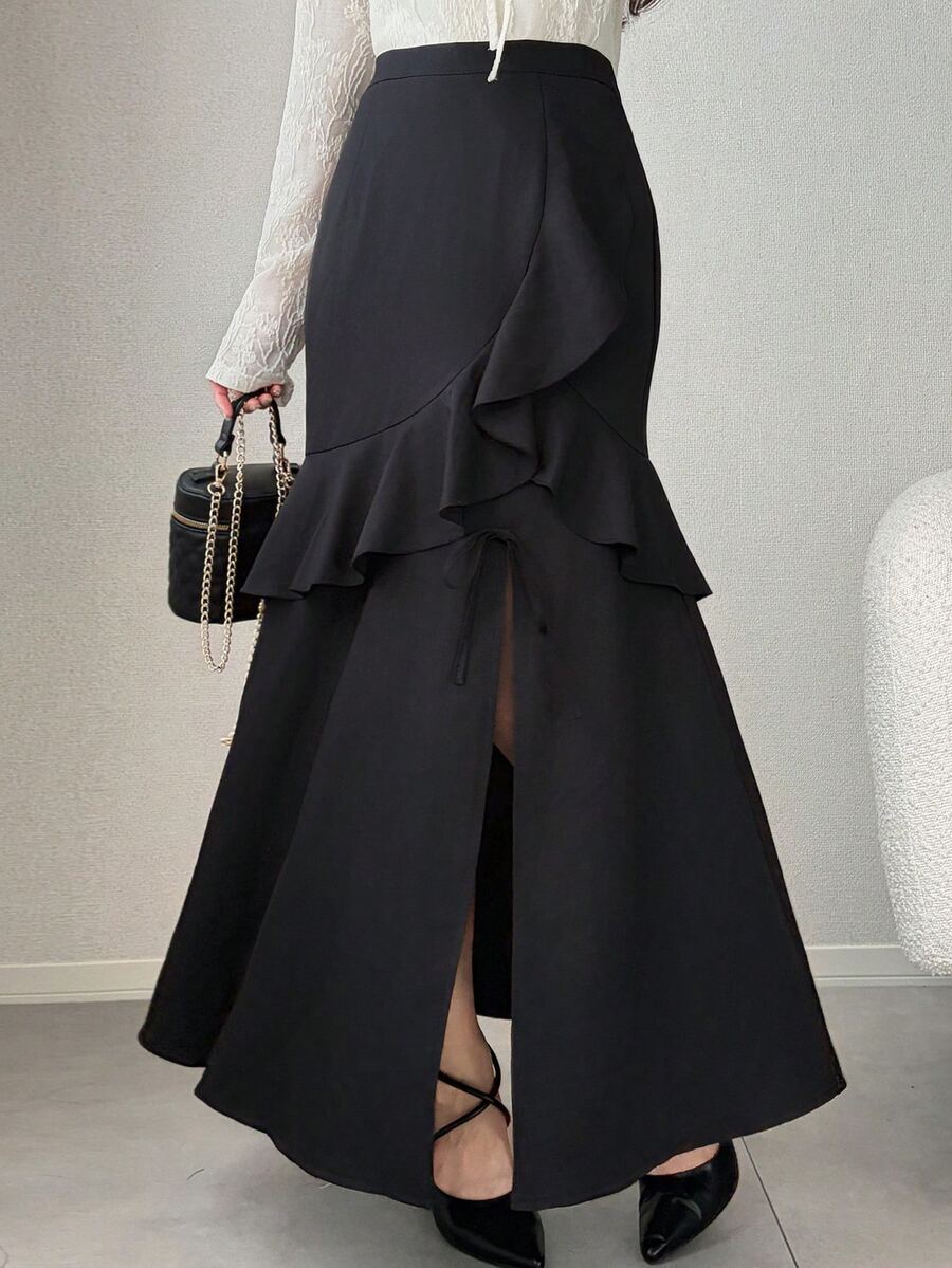 FRIFUL Women's Solid Color Ruffle Hem Slit Hem Elegant Skirt Cute Tops - Black - View 1