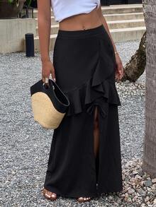 FRIFUL Women's Solid Color Ruffle Hem Slit Hem Elegant Skirt Cute Tops - Black - View 8