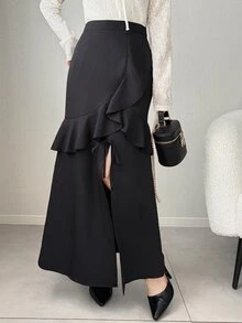 FRIFUL Women's Solid Color Ruffle Hem Slit Hem Elegant Skirt Cute Tops - Black - View 4