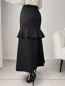 FRIFUL Women's Solid Color Ruffle Hem Slit Hem Elegant Skirt Cute Tops - Black - View 6