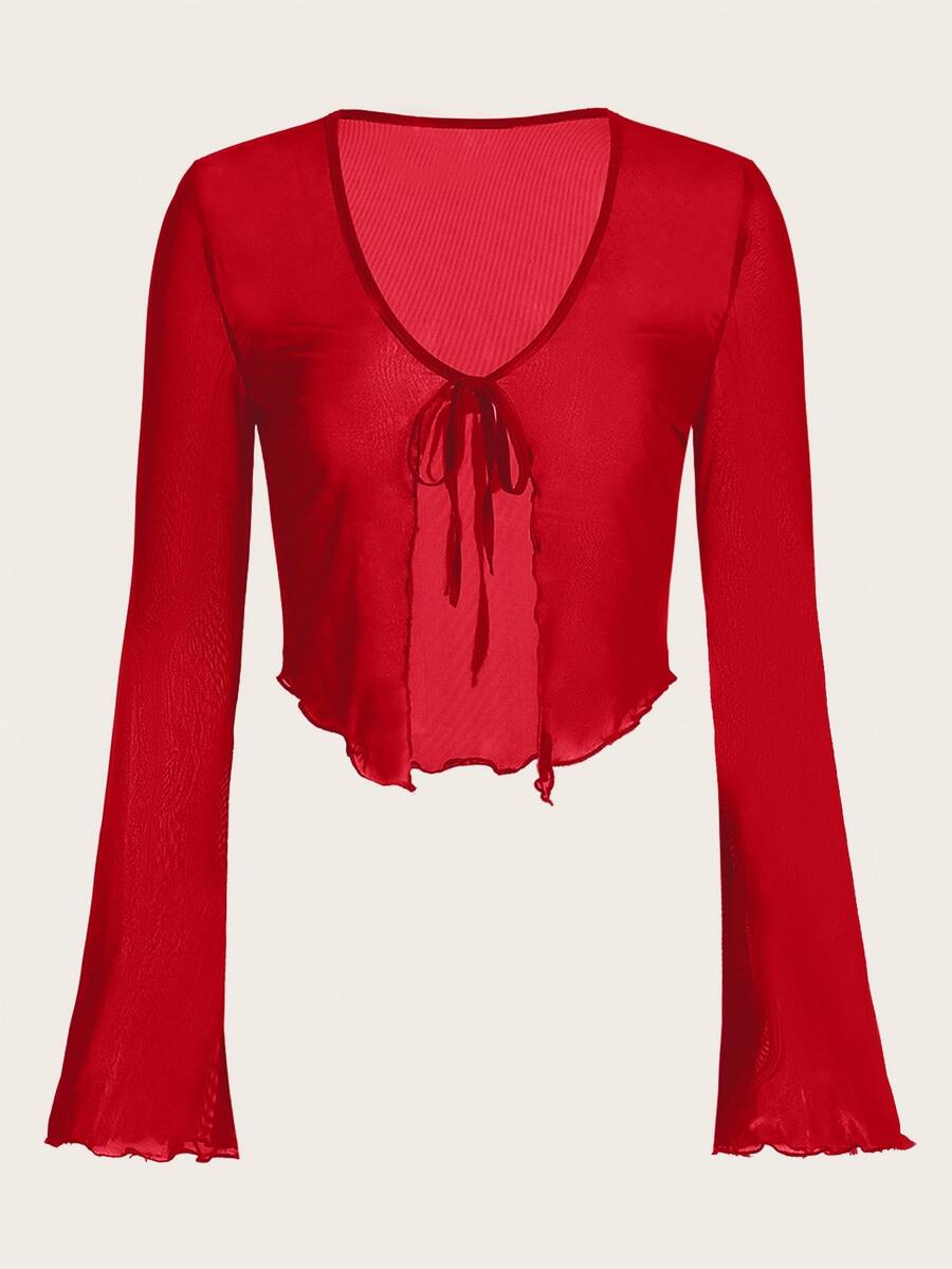 SHEIN ICON Tie Front Lettuce Trim Trumpet Sleeve Mesh Top - Red - View 1