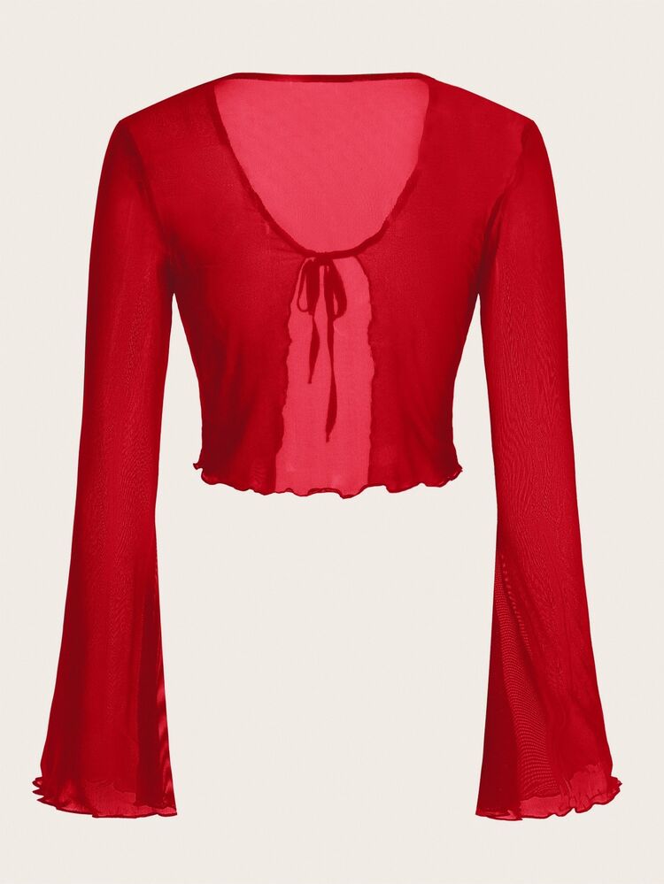 SHEIN ICON Top con cordón delantero ribete en forma de lechuga manga de campana de malla - Rojo - Añade 2