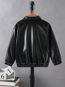 SHEIN Coolqubz 1件男童秋冬機車印花夾克，美式酷炫學院風，機車元素印花，挺括耐穿梭織面料，平織羅紋領口、袖口與下擺，拉鍊長袖，寬鬆短版，加厚，適合上學、通勤、街頭、出遊，帥氣個性百搭，熱銷款 - 黑色 - 查看 2
