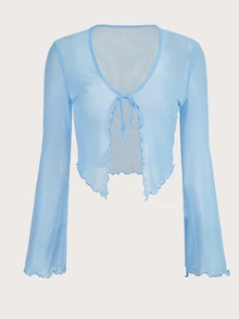 SHEIN ICON Women's Solid Color Long Sleeve Front Tie Fashionable Blouse,Summer Top - Baby Blue - View 3