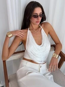 Aloruh 女士性感流苏露背吊带短款上衣，夏季 - 白色 - 查看 4