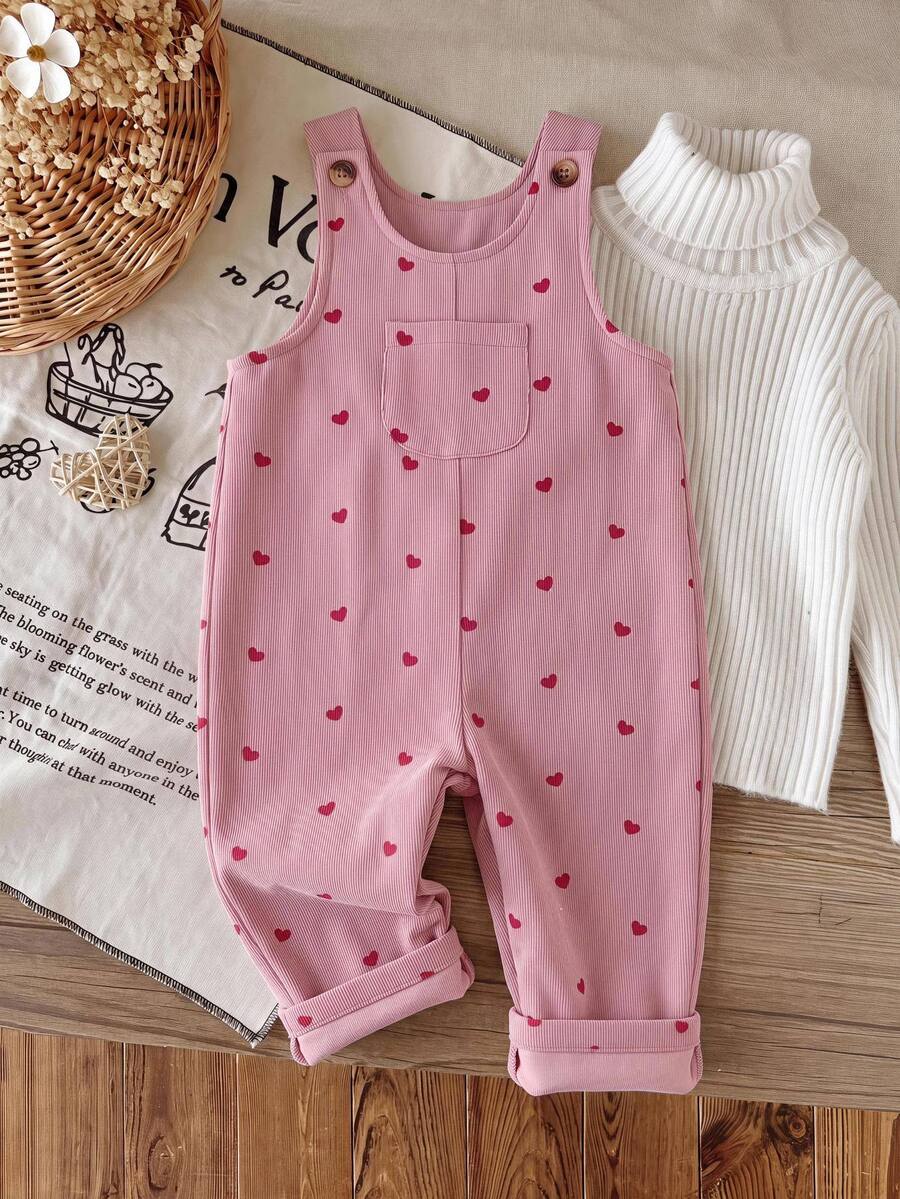 SHEIN Baby Girl Woven Heart Pattern Single Pocket Tank Autumn Top Romper, Fleece Lined Brushed Corduroy, Thick For Winter - Dusty Pink - View 1