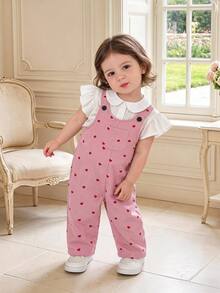 SHEIN Baby Girl Woven Heart Pattern Single Pocket Tank Autumn Top Romper, Fleece Lined Brushed Corduroy, Thick For Winter - Dusty Pink - View 5
