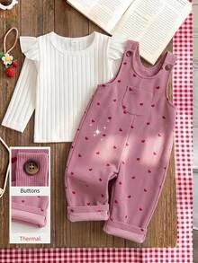 SHEIN Baby Girl Woven Heart Pattern Single Pocket Tank Autumn Top Romper, Fleece Lined Brushed Corduroy, Thick For Winter - Dusty Pink - View 6