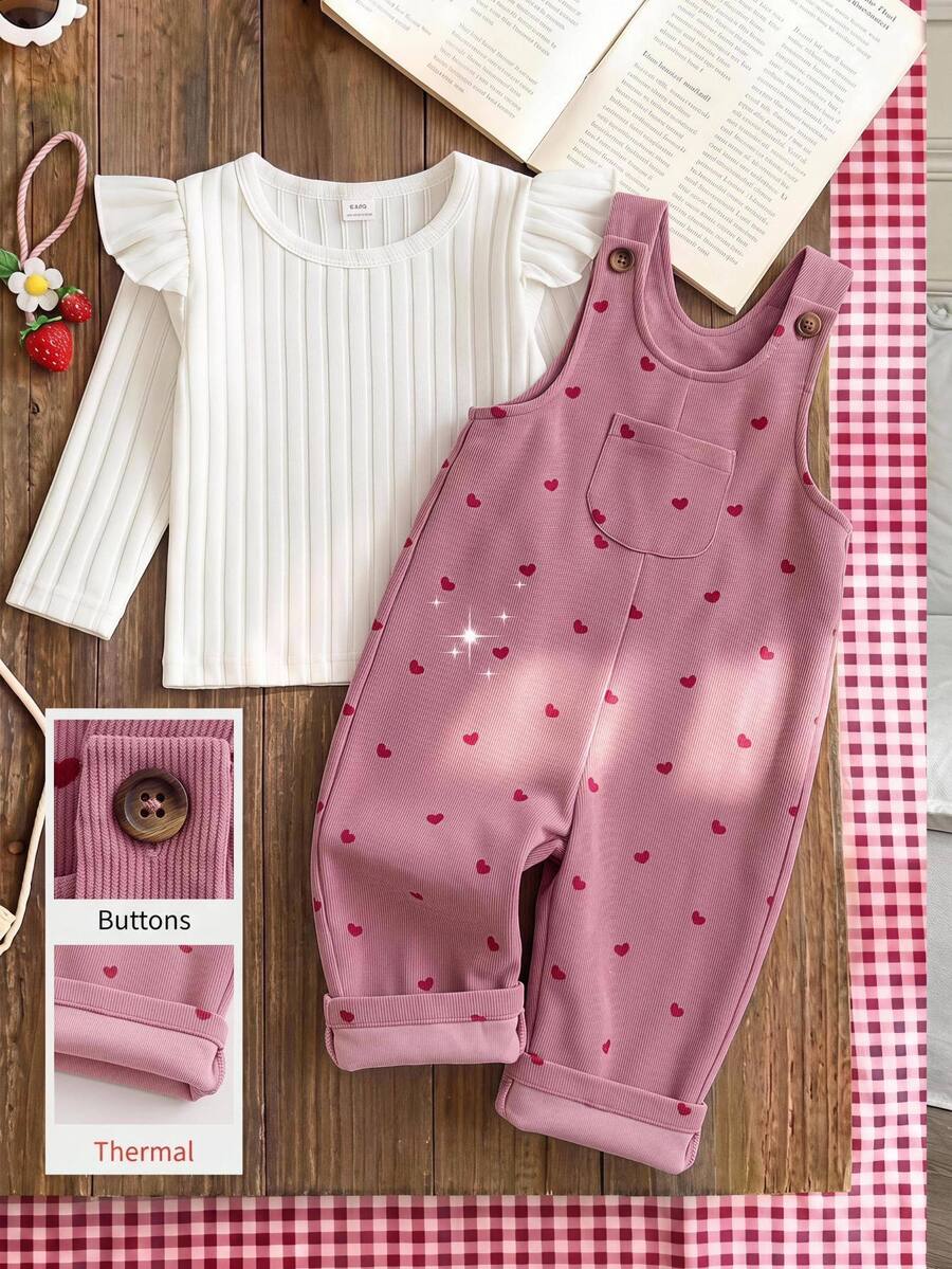 SHEIN Baby Girl Woven Heart Pattern Single Pocket Tank Autumn Top Romper, Fleece Lined Brushed Corduroy, Thick For Winter - Dusty Pink - View 1