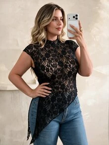 Elegantrix Plus Mock Neck Asymmetrical Hem Lace Top - Black - View 2