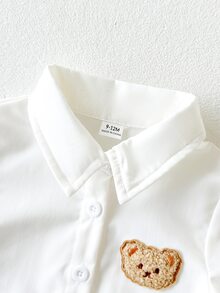 SHEIN 女嬰可愛學院風白色毛絨熊刺繡貼布長袖翻領鈕扣襯衫上衣，秋季校園穿搭上衣 - 粉色 - 查看 9