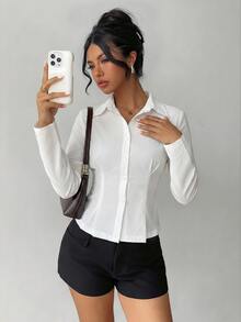 Aloruh Women's Solid Color Long Sleeve Single-Breasted Casual/Work Shirt - White - View 8