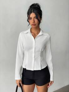 Aloruh Women's Solid Color Long Sleeve Single-Breasted Casual/Work Shirt - White - View 2