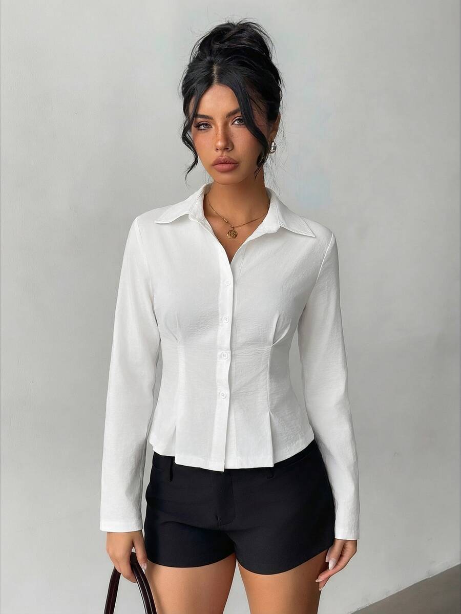 Aloruh Women's Solid Color Long Sleeve Single-Breasted Casual/Work Shirt